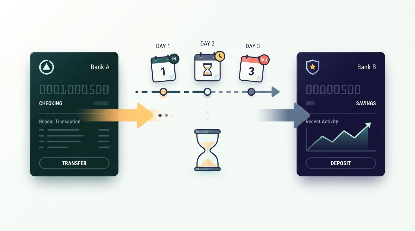 Illustration of two separate bank apps with a slow transfer process between them