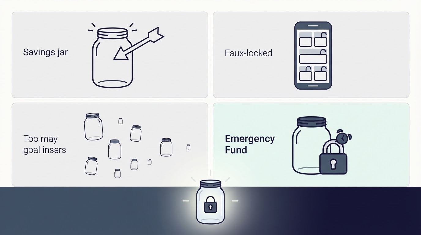 Checklist-style illustration showing common savings mistakes as icons with a highlighted correct approach