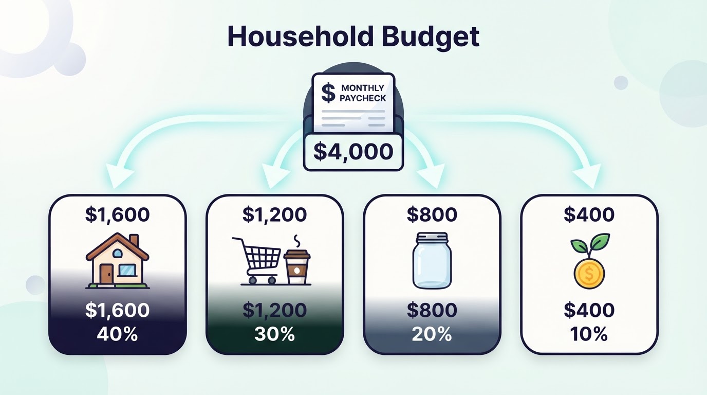 Monthly budget breakdown chart for $4,000 showing allocation to four buckets with amounts