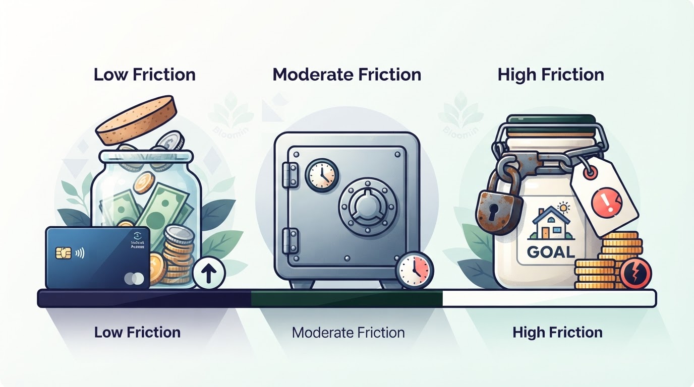 Conceptual comparison of three locked-savings options showing increasing friction