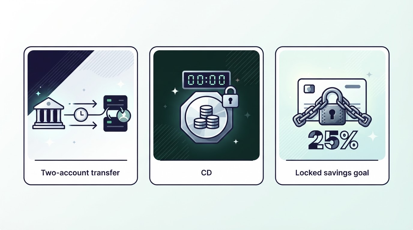 Sequential comparison of three lock-and-friction savings options: separate bank transfer delay, CD with timer, and locked-goal app with penalty