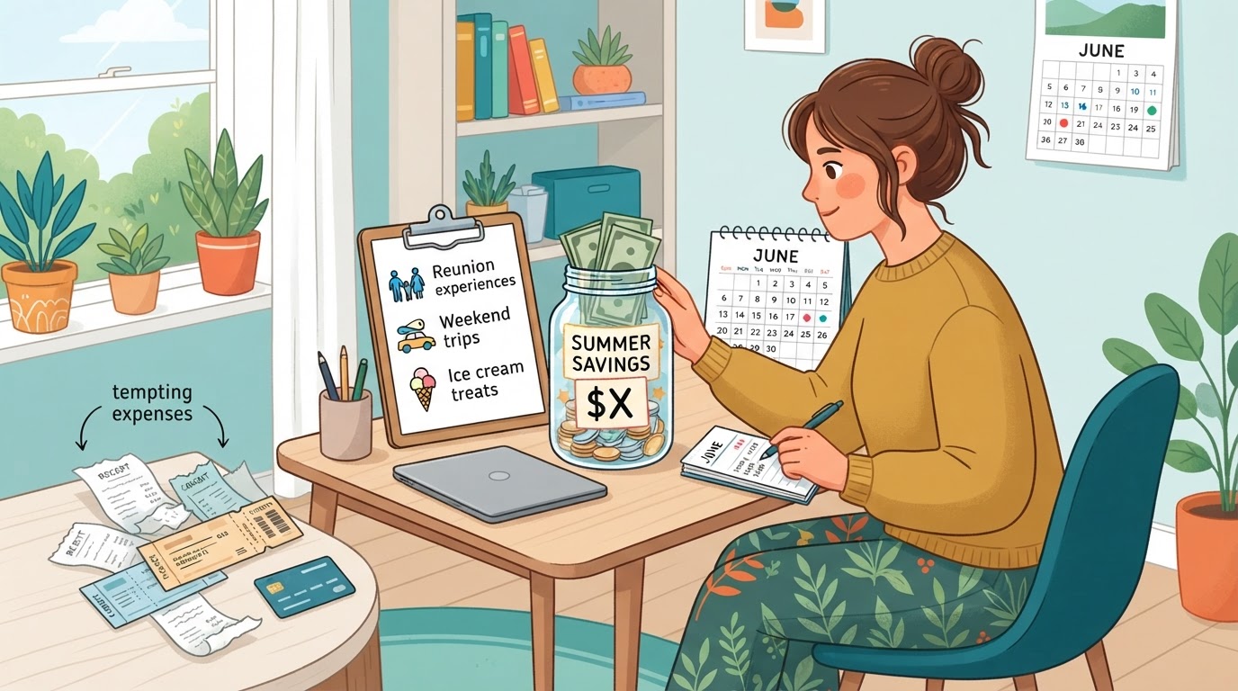Person creating a single summer budget number with organized envelope and calendar