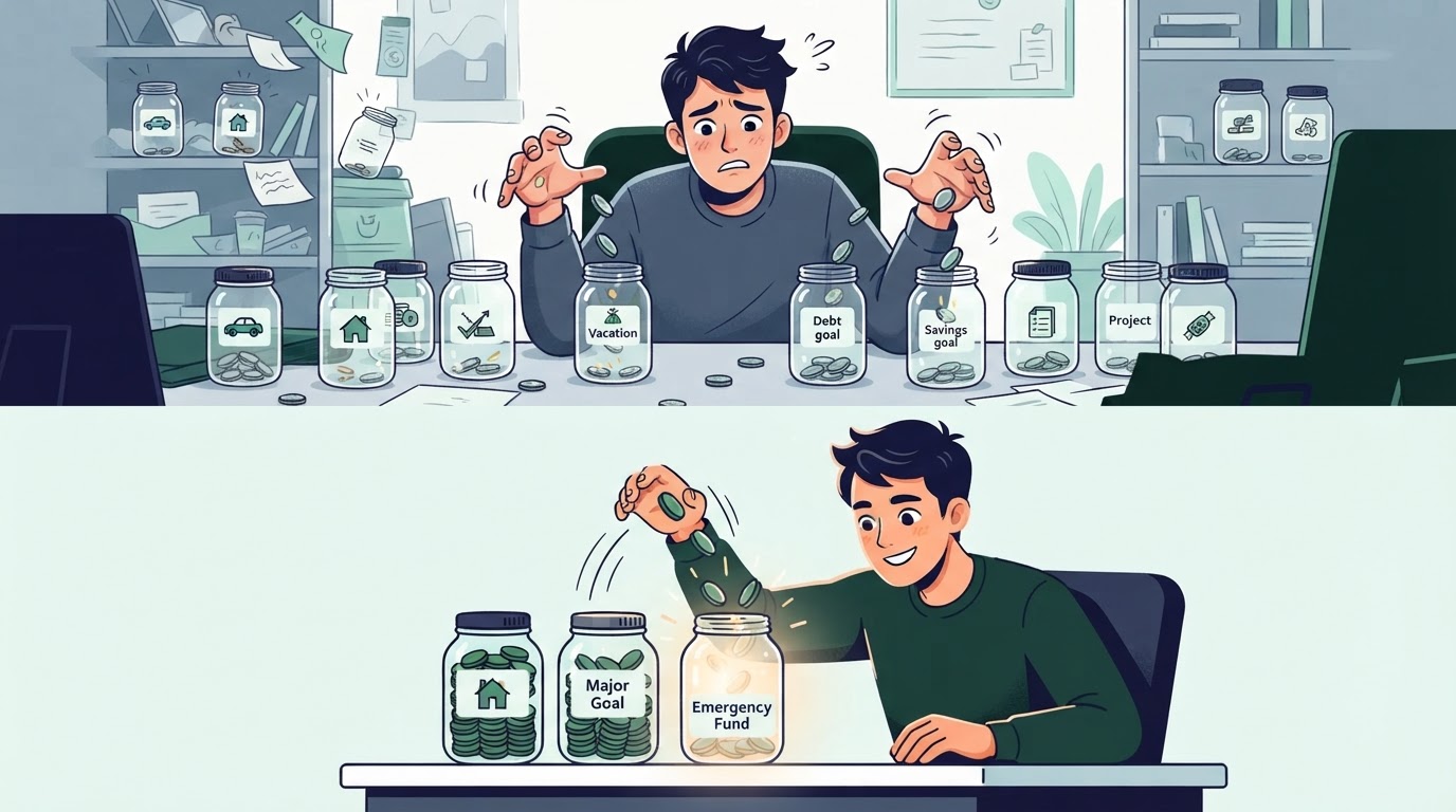 Person overwhelmed by many tiny goal jars while one bigger focused jar fills quickly