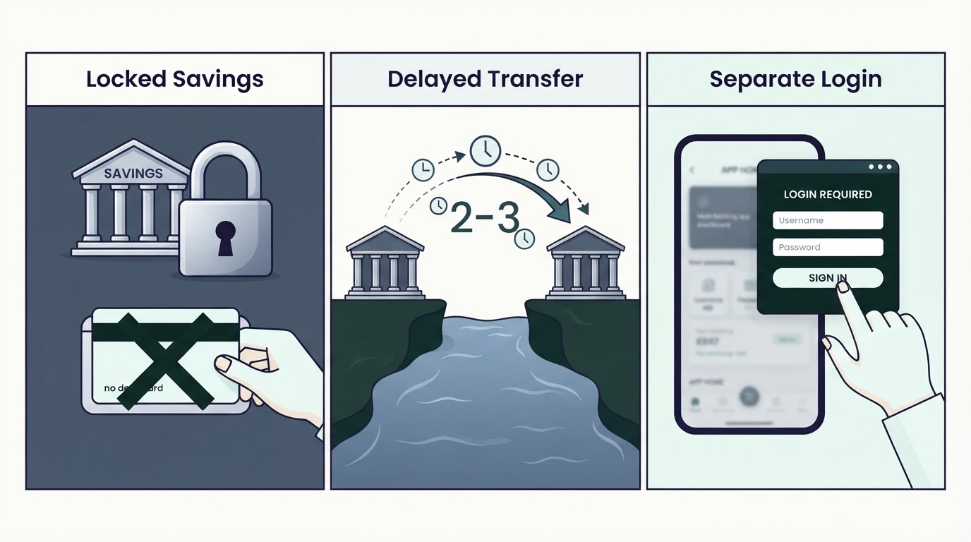 Illustration of savings account separated across banks and removed from main app